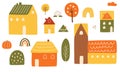 Cottage countryside Cute houses set. Rural houses collection. Autumn landscape buildings trees pumpkin Royalty Free Stock Photo