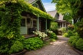 cottage covered in ivy with a stone pathway leading to it