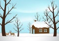 Cottage and deer Christmas season background paper art style ill Royalty Free Stock Photo