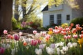 A cottage garden with a blooming colorful tulips flowers in the spring Royalty Free Stock Photo