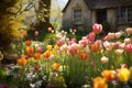 A cottage garden with a blooming colorful tulips flowers in the spring, wallpaper background Royalty Free Stock Photo