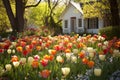 A cottage garden with a blooming tulips flowers in the spring Royalty Free Stock Photo