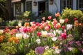 A cottage garden with a colorful tulips flowers in the spring, wallpaper background Royalty Free Stock Photo