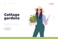 Cottage garden concept for landing page with happy florist or botanist landscape worker design