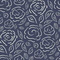 Cottage garden flowers seamless vector pattern background. Blue white line art farmhouse style. Hand drawn country