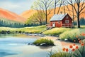 cottage house landscape art. watercolor painting. pastel forest background. calming and relaxing nature scene with trees, grass,