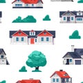 Cottage house pattern. Cartoon country building seamless print with town houses exterior. Vector rural texture