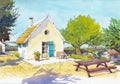 Cottage house watercolor painting at country side