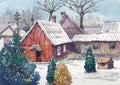 Cottage house watercolor painting at country side