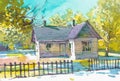 Cottage house watercolor painting at country side