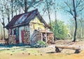 Cottage house watercolor painting at country side