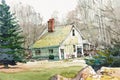 Cottage house watercolor painting at country side Royalty Free Stock Photo