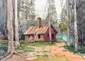 Cottage house watercolor painting at country side Royalty Free Stock Photo