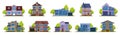 Cottage houses. Suburban real estate, modern country street buildings. Living houses vector illustration icons set Royalty Free Stock Photo