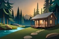 Cottage in a jungle. mystic night forest. ai generated