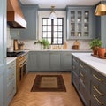 Cottage kitchen interior design, home decor and house improvement, English muted blue in frame kitchen cabinets in a