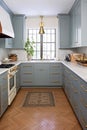 Cottage kitchen interior design, home decor and house improvement, English muted blue in frame kitchen cabinets in a