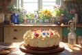 Cottage kitchen scene homemade birthday cake, English countryside ambiance