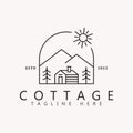 Cottage Logo with Panorama Mountain and Pine Tree.