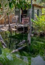 A cottage made of wood with two chairs on the terrace and a tiny lake with resting alligators