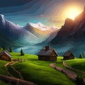 Cottage at mountain background on green meadow, wooden house sunrise landscape.
