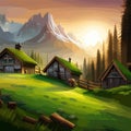 Cottage at mountain background on green meadow, wooden house sunrise landscape.