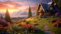 a cottage on the mountain in the beautiful scenery in the style of photo-realistic landscapes