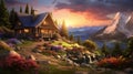 a cottage on the mountain in the beautiful scenery in the style of photo-realistic landscapes