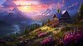 a cottage on the mountain in the beautiful scenery in the style of photo-realistic landscapes