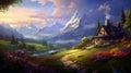 a cottage on the mountain in the beautiful scenery in the style of photo-realistic landscapes