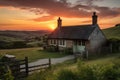 cottage nestled among rolling hills, with a view of the setting sun Royalty Free Stock Photo