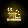 Cottage, night, moon, star, tree line icon in yellow neon style. Element of landscapes illustration. Signs and symbols line icon