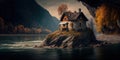 Cottage on the rocks in the river illustration. AI generative