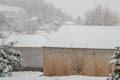 Cottage Rooftops Covered with Snow in a Small Mountain Village During Blizzard on Winter Season in Greece Royalty Free Stock Photo