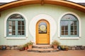 cottage with a round door and circular windows