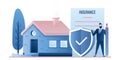 Cottage or single house and man with insurance paper contract and safe shield