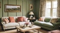 Cottage sitting room, green living room interior design and country house home decor, art gallery wall, sofa and lounge furniture Royalty Free Stock Photo