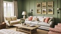 Cottage sitting room, green living room interior design and country house home decor, art gallery wall, sofa and lounge furniture Royalty Free Stock Photo
