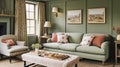 Cottage sitting room, green living room interior design and country house home decor, art gallery wall, sofa and lounge furniture Royalty Free Stock Photo