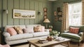 Cottage sitting room, green living room interior design and country house home decor, art gallery wall, sofa and lounge furniture Royalty Free Stock Photo