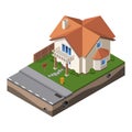 Cottage, Small Wooden House For Real Estate Brochures Or Web Icon. With Yard, Fence, Ground. Isometric Vector EPS10