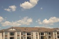 Cottage street. rent an apartment. home security system. house on blue sunny sky backdrop. Architecture and structure