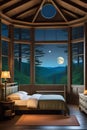 A cottage-style bedroom with latge bay wimdow, the forest view with moon at night, tree, plants, rustic furniture, warm light