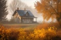 cottage surrounded by golden, misty autumn morning light