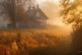 cottage surrounded by golden, misty autumn morning light