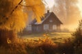 cottage surrounded by golden, misty autumn morning light
