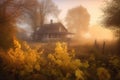 cottage surrounded by golden, misty autumn morning light