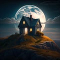 A Cottage on Top of a Hill at Night