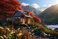 Cottage on top of a mountain with a beautiful landscape at sunset Royalty Free Stock Photo