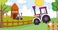 Cottage tractors wooden fence flowers trees farm animal cartoon Royalty Free Stock Photo